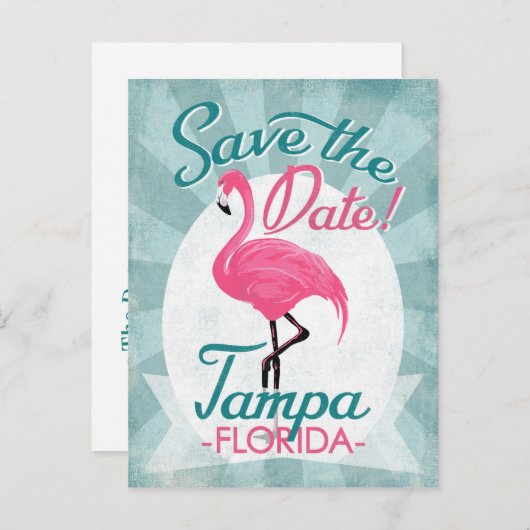 Tampa sparen de Datum roze Flamingo Aankondigingskaart (Voorkant / Achterkant)