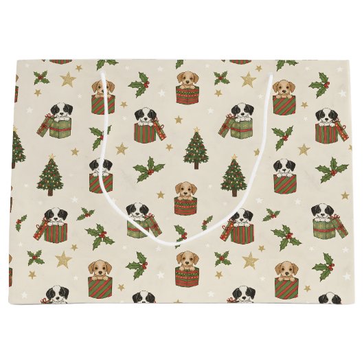 Tan and Black & White Puppies Christmas Pattern Groot Cadeauzakje (Voorkant)