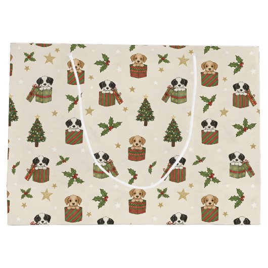 Tan and Black & White Puppies Christmas Pattern Groot Cadeauzakje (Achterkant)