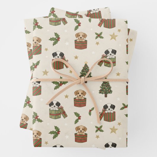 Tan and Black & White Puppies Christmas Pattern Inpakpapier Vel (In situ)