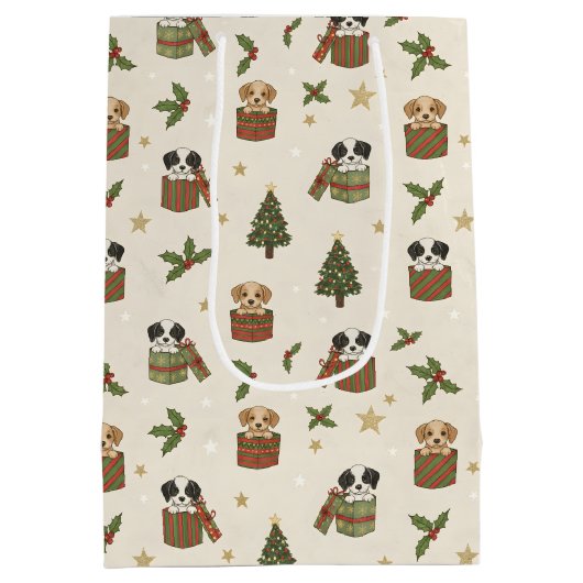 Tan and Black & White Puppies Christmas Pattern Medium Cadeauzakje (Achterkant)