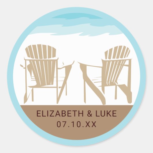 Tan and Blue Two Adirondack Beach Chairs | Wedding Ronde Sticker (Voorkant)