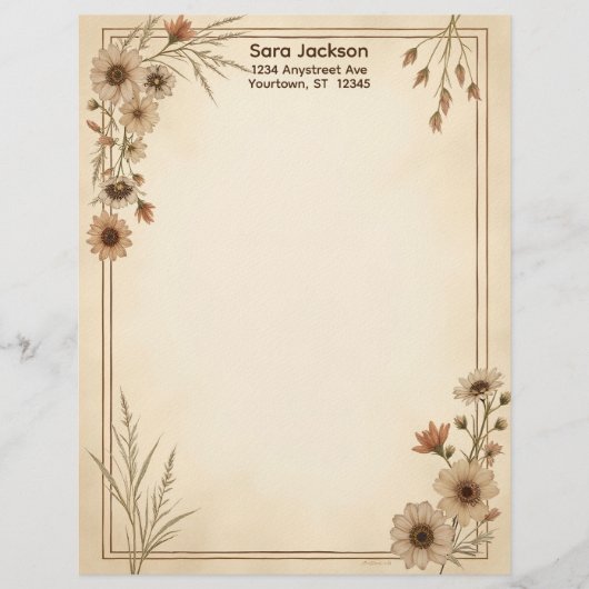 Tan and Brown Flowers and Grass Stationery Paper Briefhoofd (Voorkant)