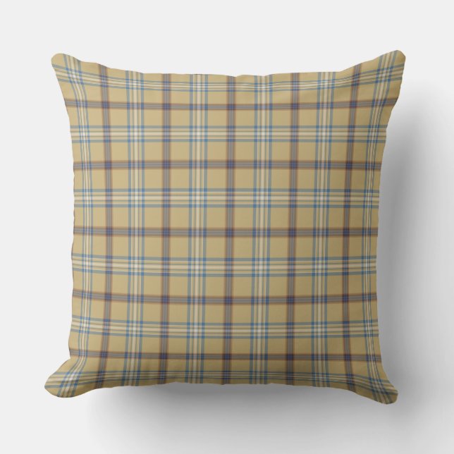 Tan and Wedgewood Blue Plaid Kussen (Voorkant)