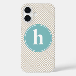Tan & Aqua Greek Key Patroonmonogram iPhone 16 Hoesje