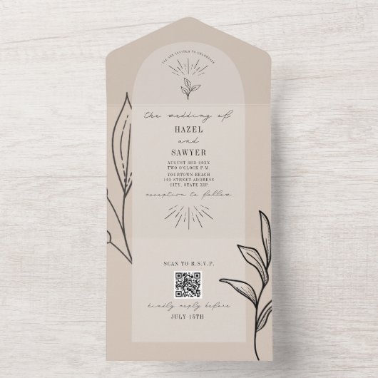 Tan Arch Wedding QR RSVP in één uitnodiging (Binnen)