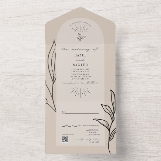 Tan Arch Wedding RSVP QR in één uitnodiging (Binnen)
