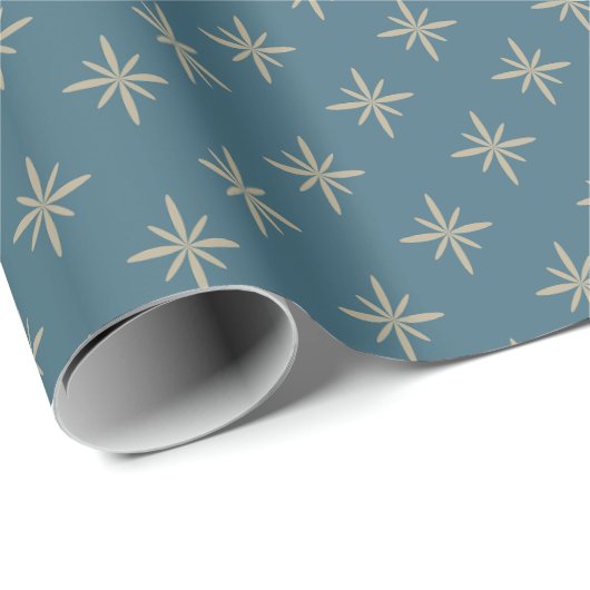 Tan Atomic Starbursts op Blue Mid Century Cadeaupapier (Rol Hoek)