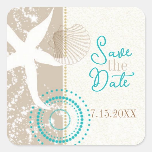Tan Beige Beach Wedding Save the Date Vierkante Sticker (Voorkant)