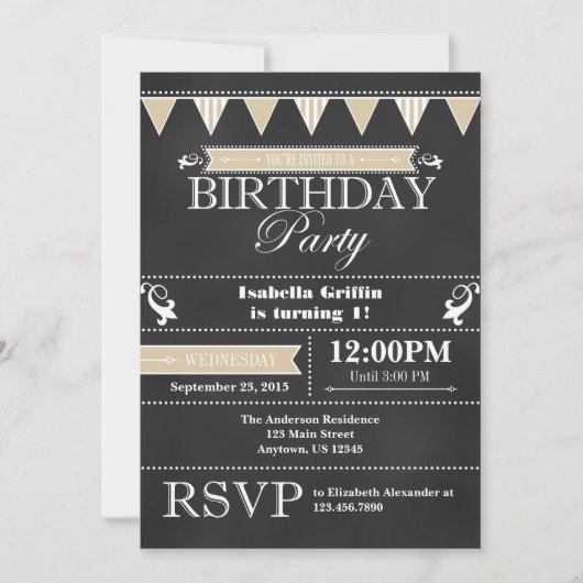 Tan Beige Black Chalkboard Birthday Invitation Kaart (Voorkant)
