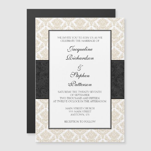 Tan Beige Black Damask Magnetic Wedding Invites Magnetische Uitnodiging (Voorkant / Achterkant)