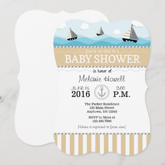 Tan Beige Blue Nautical Baby shower Invitation Kaart (Voorkant / Achterkant)