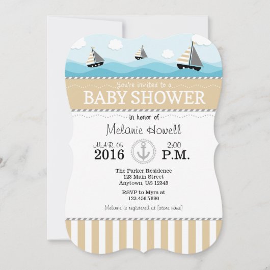 Tan Beige Blue Nautical Baby shower Invitation Kaart (Voorkant)