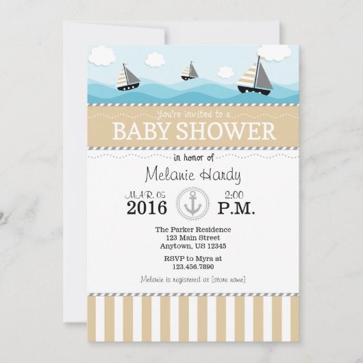 Tan Beige Blue Nautical Baby shower Invitation Kaart (Voorkant)