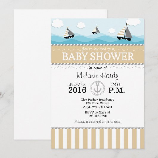 Tan Beige Blue Nautical Baby shower Invitation Kaart (Voorkant / Achterkant)