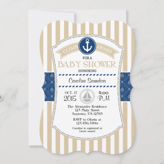 Tan Beige Blue Nautical Baby shower Invitation Kaart (Voorkant)