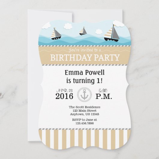 Tan Beige Blue Nautical Birthday Invitation Kaart (Voorkant)