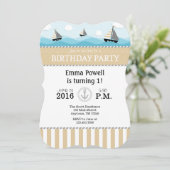 Tan Beige Blue Nautical Birthday Invitation Kaart (Staand voorkant)