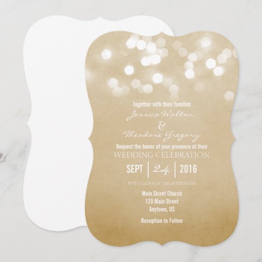 Tan Beige Bokeh Glitter Lights Wedding Uitnodiging (Voorkant / Achterkant)