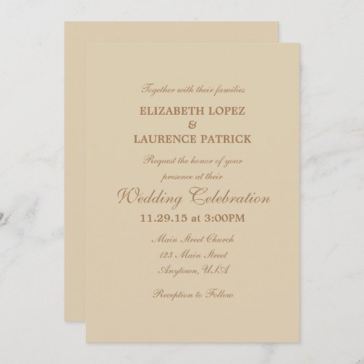 Tan Beige Brown Plain Simple Wedding Invitation Kaart (Voorkant / Achterkant)
