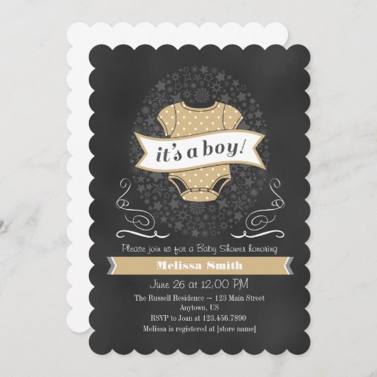 Tan Beige Chalkboard Boy Baby shower Invite Kaart (Voorkant / Achterkant)