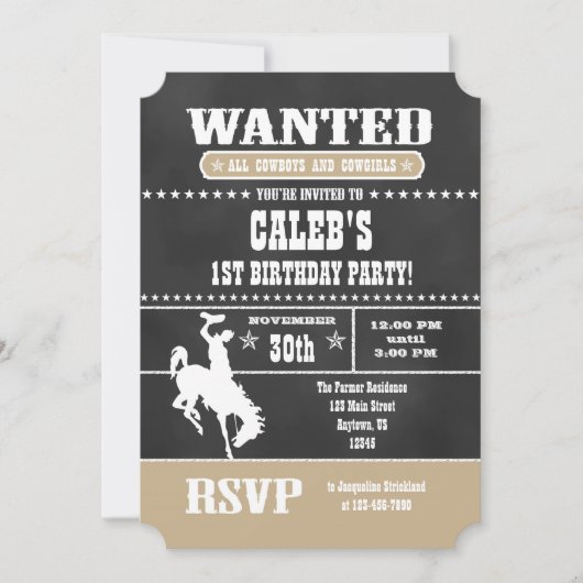 Tan Beige Chalkboard Cowboy Birthday Uitnodiging (Voorkant)