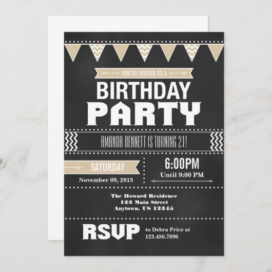 Tan Beige Chevron Chalkboard Birthday Uitnodiging (Voorkant / Achterkant)