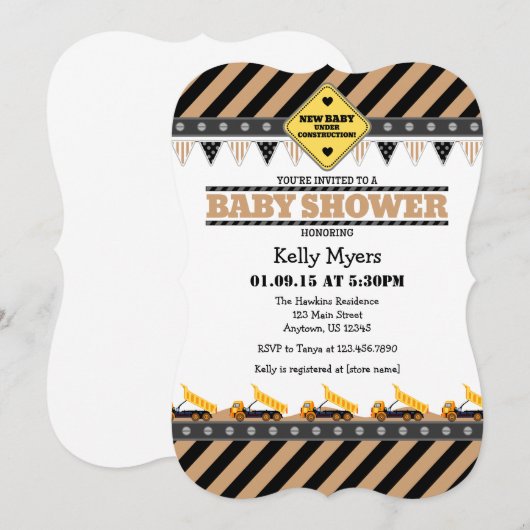 Tan Beige Construction Baby shower Invitation Kaart (Voorkant / Achterkant)