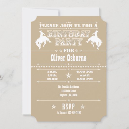 Tan Beige Cowboy Rodeo Birthday Party Invitation Kaart (Voorkant)