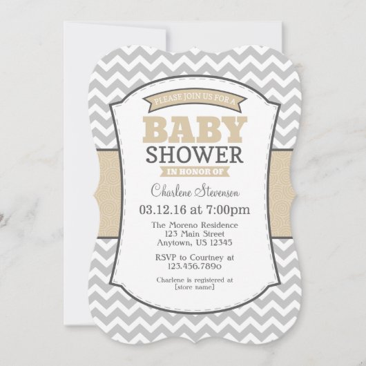 Tan Beige Gray Chevron Baby shower Uitnodiging (Voorkant)