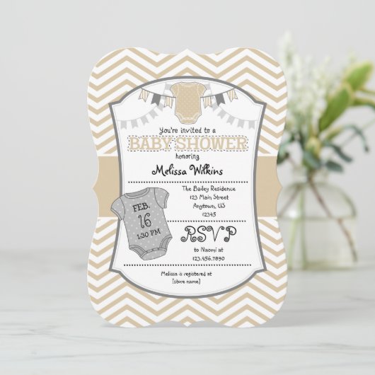 Tan Beige Gray Chevron Baby shower Uitnodiging (Staand voorkant)
