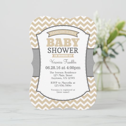 Tan Beige Gray Chevron Baby shower Uitnodiging (Staand voorkant)