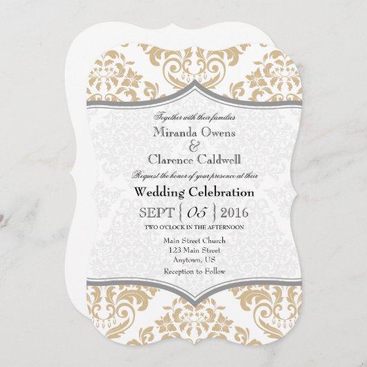 Tan Beige Gray Damask Bracket Wedding Invite Kaart (Voorkant / Achterkant)