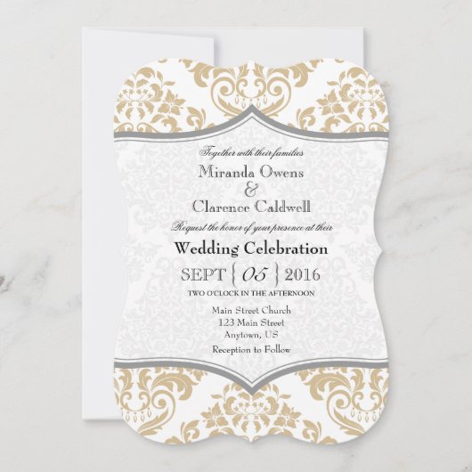 Tan Beige Gray Damask Bracket Wedding Invite Kaart (Voorkant)