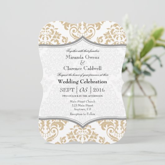 Tan Beige Gray Damask Bracket Wedding Invite Kaart (Staand voorkant)