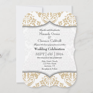 Tan Beige Gray Damask Bracket Wedding Invite Kaart