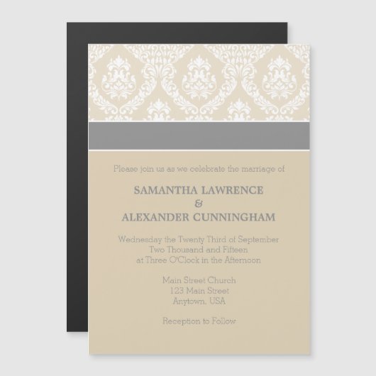 Tan Beige Gray Damask Magnetic Wedding Invitation Magnetische Uitnodiging (Voorkant / Achterkant)