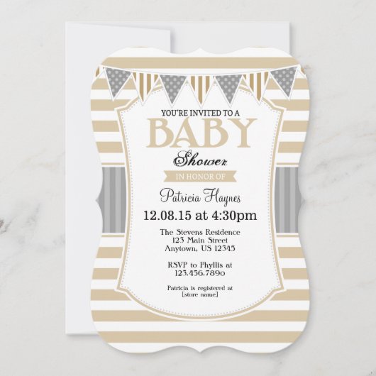 Tan Beige Grey Stripes Baby shower Kaart (Voorkant)