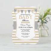 Tan Beige Grey Stripes Baby shower Kaart (Staand voorkant)