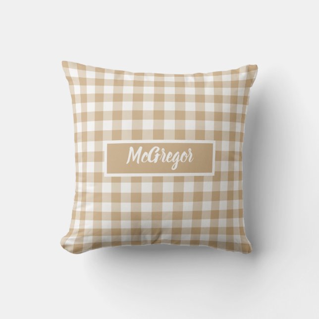 Tan Beige Plaid Gingham Personalized Kussen (Voorkant)