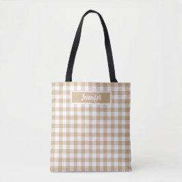 Tan Beige Plaid Gingham Personalized Tote Bag