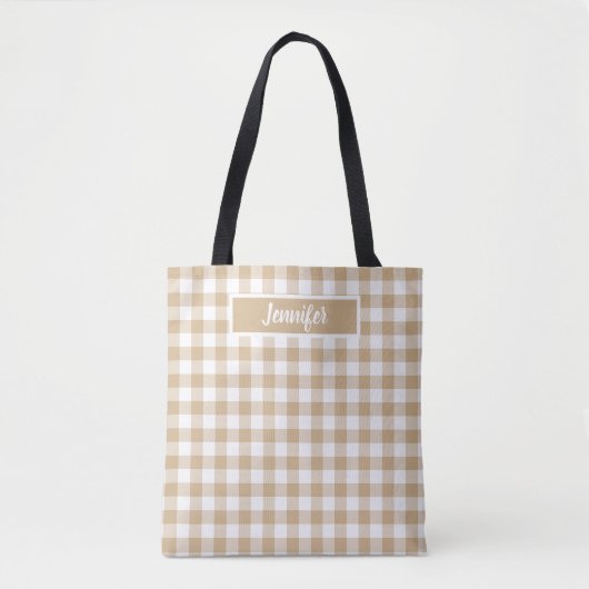 Tan Beige Plaid Gingham Personalized Tote Bag (Voorkant)