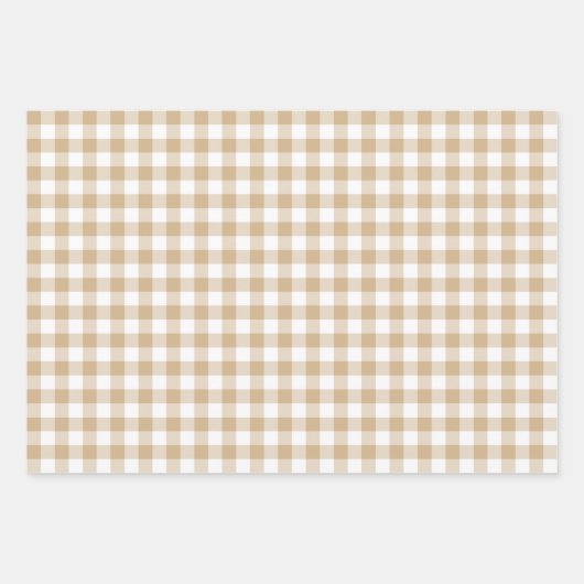 Tan Beige White Gingham Plaid Inpakpapier Vel (Voorkant)
