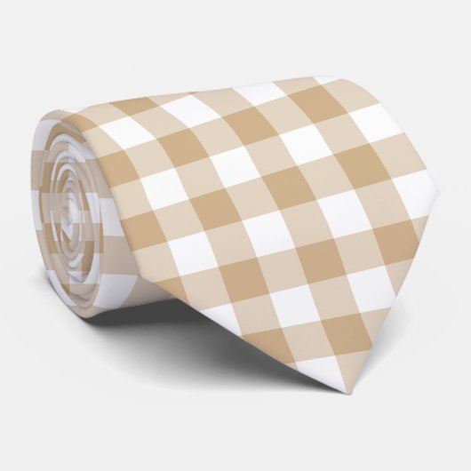 Tan Beige White Gingham Plaid Neck Tie Stropdas (Opgerold)