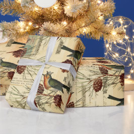 Tan Birds Pine Cones kerst Cadeaupapier