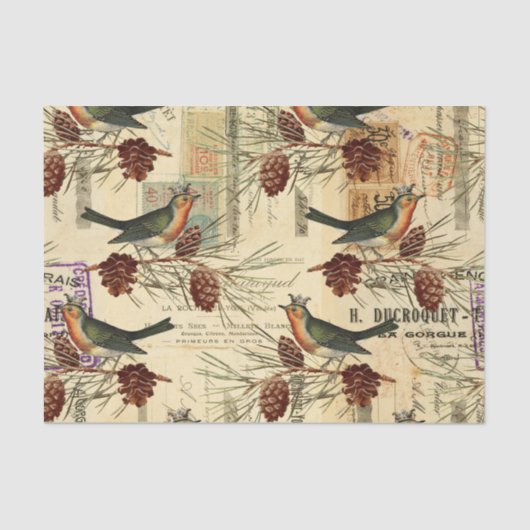  Tan Birds Pine Cones kerst Tissuepapier (Voorkant)