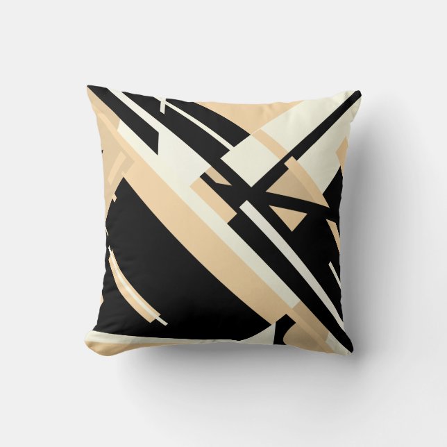 Tan Black Beige Diagonaal Geometrisch Abstract Ont Kussen (Voorkant)