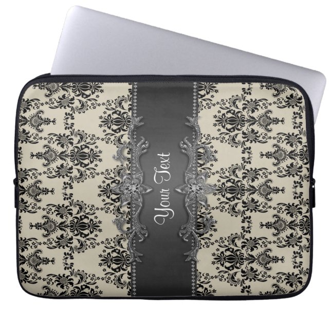 Tan Black Damask Gepersonaliseerde laptophoes Laptop Sleeve (Voorkant)