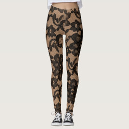 Tan & Black Elegant Faux Lace Spandex Leggings