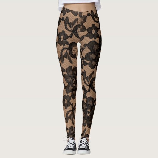 Tan & Black Elegant Faux Lace Spandex Leggings (Voorkant)